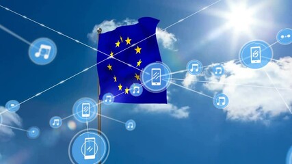 Poster - animation of network of connections with smartphone icons over flag of eu