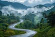 © AI Farm - A winding road through lush green hills, shrouded in mist, creating a serene and picturesque landscape perfect for nature lovers.