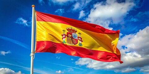 A vibrant red and yellow national flag of Spain waving in the gentle breeze, symbolizing national pride and