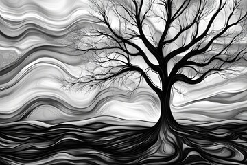 Poster - Abstract monochrome illustration of a tree against flowing background, evoking emotion and nature's beauty.