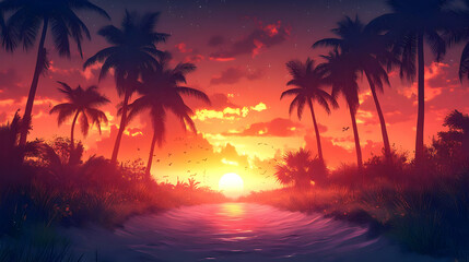 Canvas Print - A vibrant sunset over a serene beach with palm trees and a calm waterway.