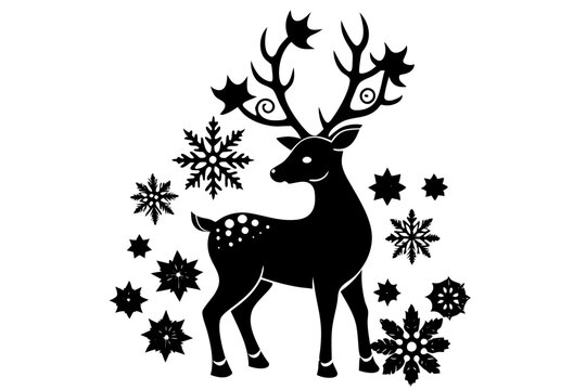 Christmas Ornament Silhouettes - Black Reindeer Illustration Vector on White Background, Perfect for Festive Designs, Holiday Cards, Seasonal Projects, Home Decor, Invitations, and Digital Artwork
