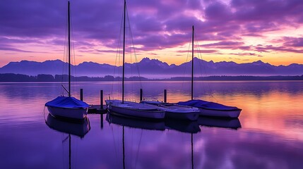 Canvas Print - Three Sailboats Moored at Sunset