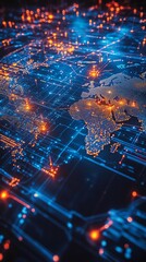Poster - A digital map of the world with glowing lines and dots, representing global connectivity and technology.