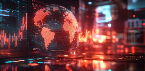 Aufkleber - A digital representation of the Earth with red light highlighting the continents, displayed on a computer screen with red graphs and lines.