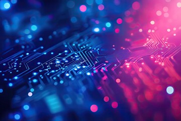 Poster - Vibrant close-up of an abstract circuit board design, featuring colorful lights and intricate patterns, perfect for technology themes.