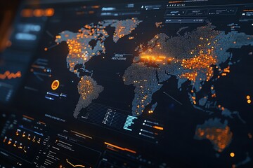 Fototapete - A digital world map with glowing orange dots, representing data points.
