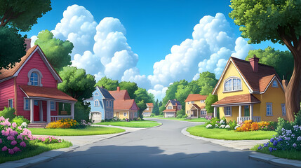 Sticker - A vibrant, animated neighborhood with colorful houses and lush greenery under a bright sky.