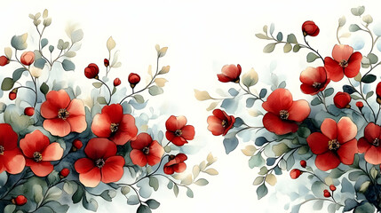 Sticker - A watercolor illustration of vibrant red flowers and green leaves.