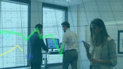 Poster - Animation of financial data processing over diverse business people in office