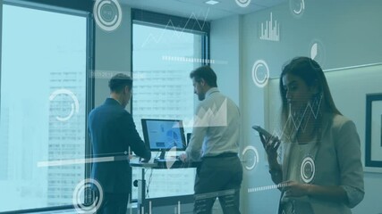 Poster - Animation of financial data processing over diverse business people in office