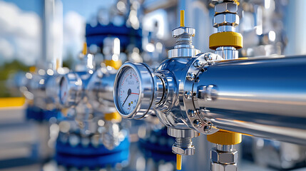 close-up of refinery equipment with detailed valves and pressure gauges