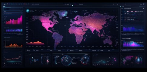 Fototapete - A futuristic digital interface showing a glowing world map surrounded by charts and graphs.