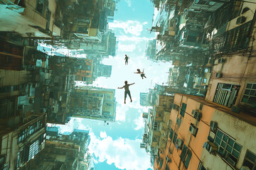 A surreal depiction of figures floating among towering urban buildings under a bright sky.