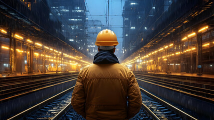 Poster - A worker in a hard hat stands on railway tracks under city lights at night.