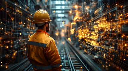 Wall Mural - A worker in safety gear stands before a futuristic, tech-inspired industrial landscape.