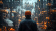© Siasart Studio - A worker observes a large industrial facility with pipes and lights in a smoky atmosphere.