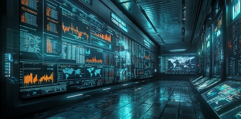 Fototapete - A futuristic hallway lined with glowing screens displaying data, charts, and maps.