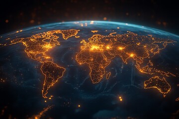 Poster - A futuristic representation of the Earth with glowing continents and cities.