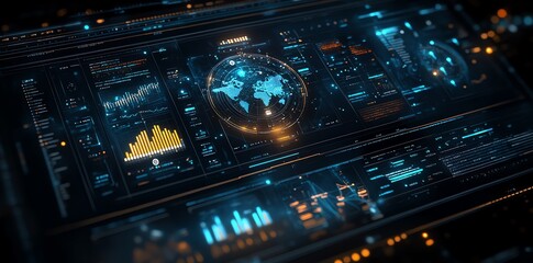 Fototapete - A futuristic HUD display with a globe in the center surrounded by data and charts.