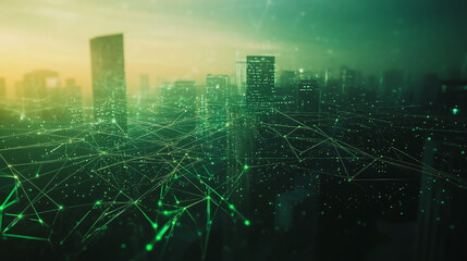 Wall Mural - Smart digital city with connection cyber security network reciprocity over the cityscape . future smart wireless digital city and social media networking systems that connects people within the city