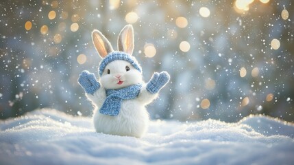 Wall Mural - cute fluffy bunny in knitted hat, scarf and mittens on snow, christmas card