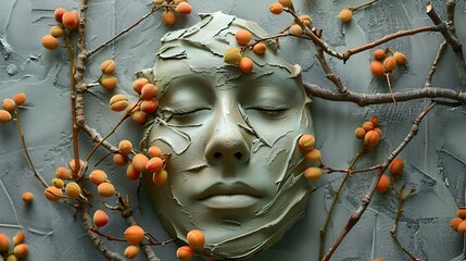 Wall Mural - Making a face mask out of green clay and filling it with apricot buds on the gray backdrop