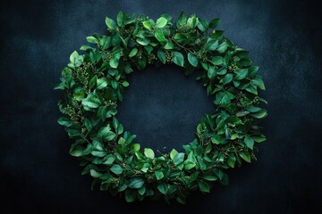 Wall Mural - Green leaf wreath on dark background