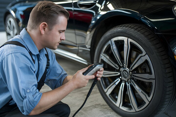 Mechanic Checking Tire Pressure in a Modern Garage