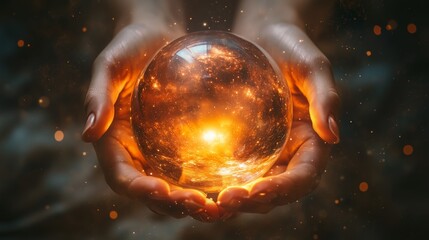 Poster - hands hold a glowing crystal orb emitting vibrant light against a dark background, symbolizing myste