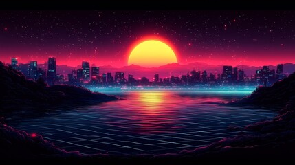 Canvas Print - vector design of a retro 80sstyle cityscape at night with neon lights gridlines and a glowing sunset
