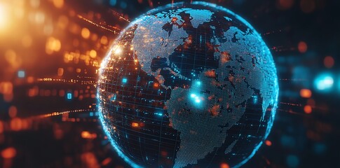 Poster - A glowing digital globe with a grid pattern and data points over a dark background with blurred lights.