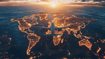 Canvas Print - Aerial view of a plane flying over a glowing map of the world at sunset.