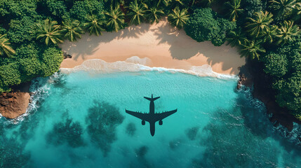 Sticker - Aerial view of an airplane flying over a tropical beach with clear blue water.