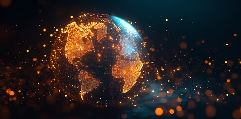 Aufkleber - A glowing Earth with a digital grid and bright lights against a black background.