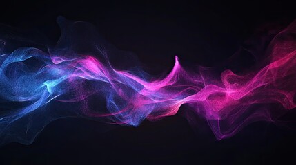 Abstract swirling waves of blue and pink light on a dark background.