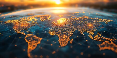Aufkleber - A glowing globe at sunset, showing a network of connections between continents.
