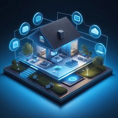 Holographic 3D Smart House on Blue Background