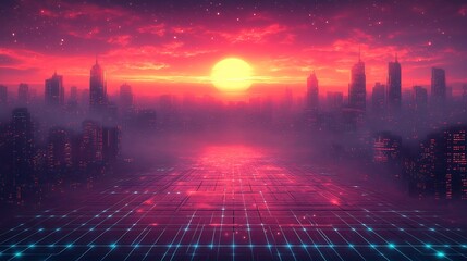 Canvas Print - vector design of a retro 80sstyle cityscape at night with neon lights gridlines and a glowing sunset