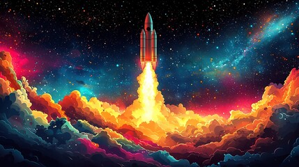 Wall Mural - Vector design of a rocket launching into space leaving a trail of vibrant colors symbolizing innovation and exploration in space science