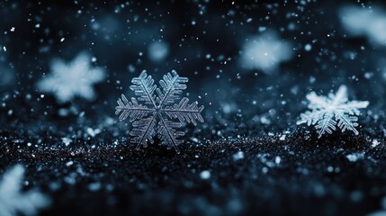 A close-up of snowflakes falling gently on a dark, textured surface, highlighting the intricate details of each flake.