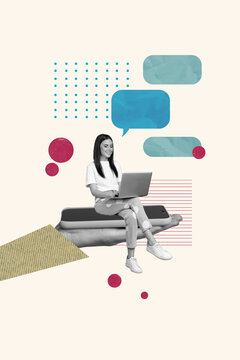 Composite trend artwork sketch collage of workspace graphic speech cloud textbox chatting dialog young lady sit display phone write laptop