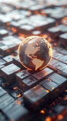 Poster - A glowing globe sits on top of a series of square panels with glowing circuits.