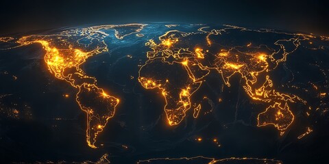 Fototapete - A glowing map of the world with city lights, showcasing the continents and oceans in an artistic 3D representation.
