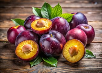 Ripe ciruela fruit with vibrant purple skin and golden-yellow flesh, arranged artfully on a rustic wooden background,