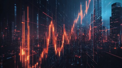 Leinwandbilder - A glowing neon cityscape with bright lines of light over a dark background.