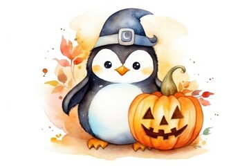 Wall Mural - Penguin holding pumpkin animal bird anthropomorphic.