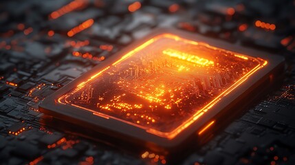 Poster - A glowing orange circuit board with intricate patterns and details, set against a dark background. The circuit board is illuminated from within, creating a sense of power and energy.