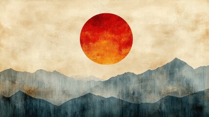 Poster - A stylized sunset over layered mountains in warm tones.