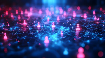 Canvas Print - Digital network representation with interconnected nodes and user icons in vibrant colors.